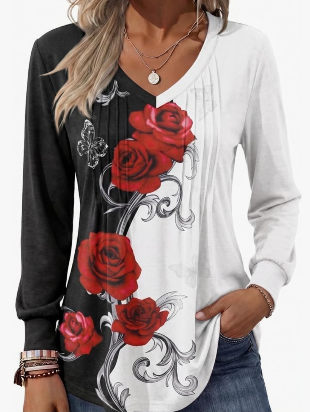 Women's Two-Tone V-Neck Rose  And Butterfly Print Top - Red/Black & White